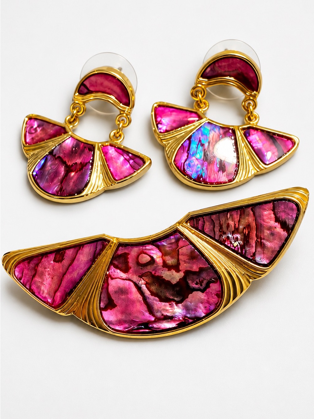 Vintage Pink Abalone Shell Brooch & Matching Earrings Gold Tone Statement Set